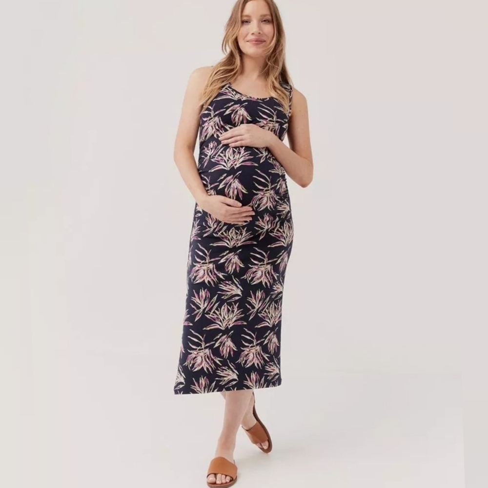 Pact Maternity Freesia Palms Ruched Sides Tank Midi Dress S Navy Organic Cotton